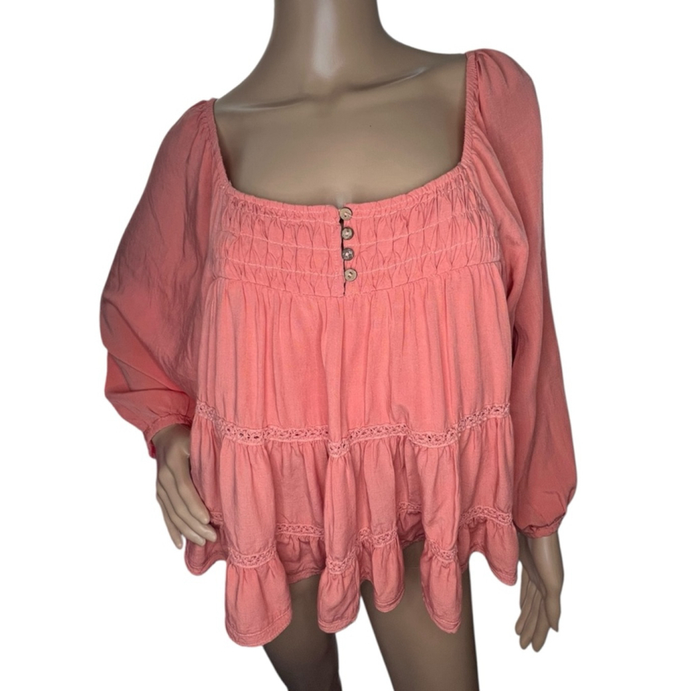 Miss Me Coral Long Sleeve Smocked Tiered Peasant Blouse With Buttons